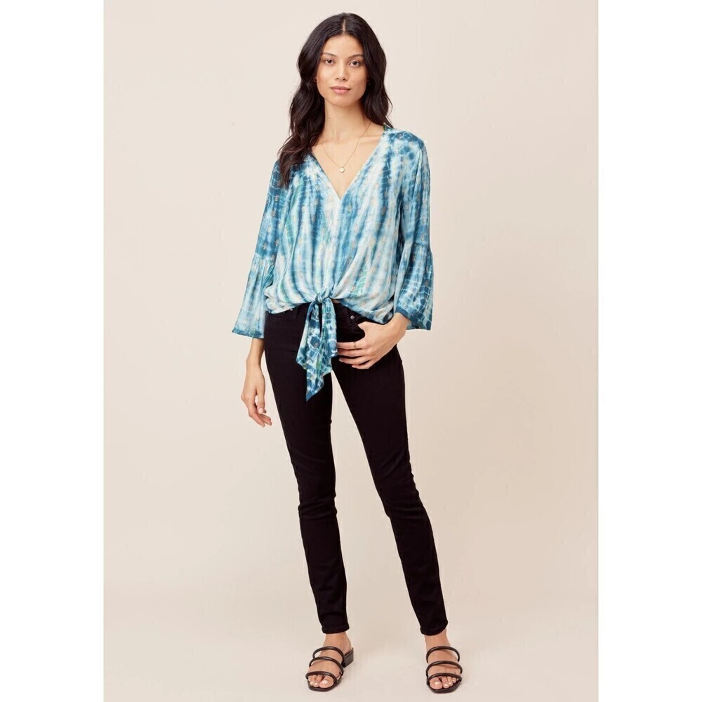 LOVESTITCH Blue Gold Metallic Front Tie Bell Sleeve Boho Blouse Size Small
